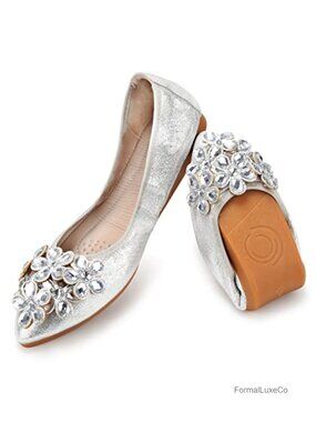 Rhinestone Ballet Flats Foldable Sparkly Dress Comfort Slip on Flat Shoes